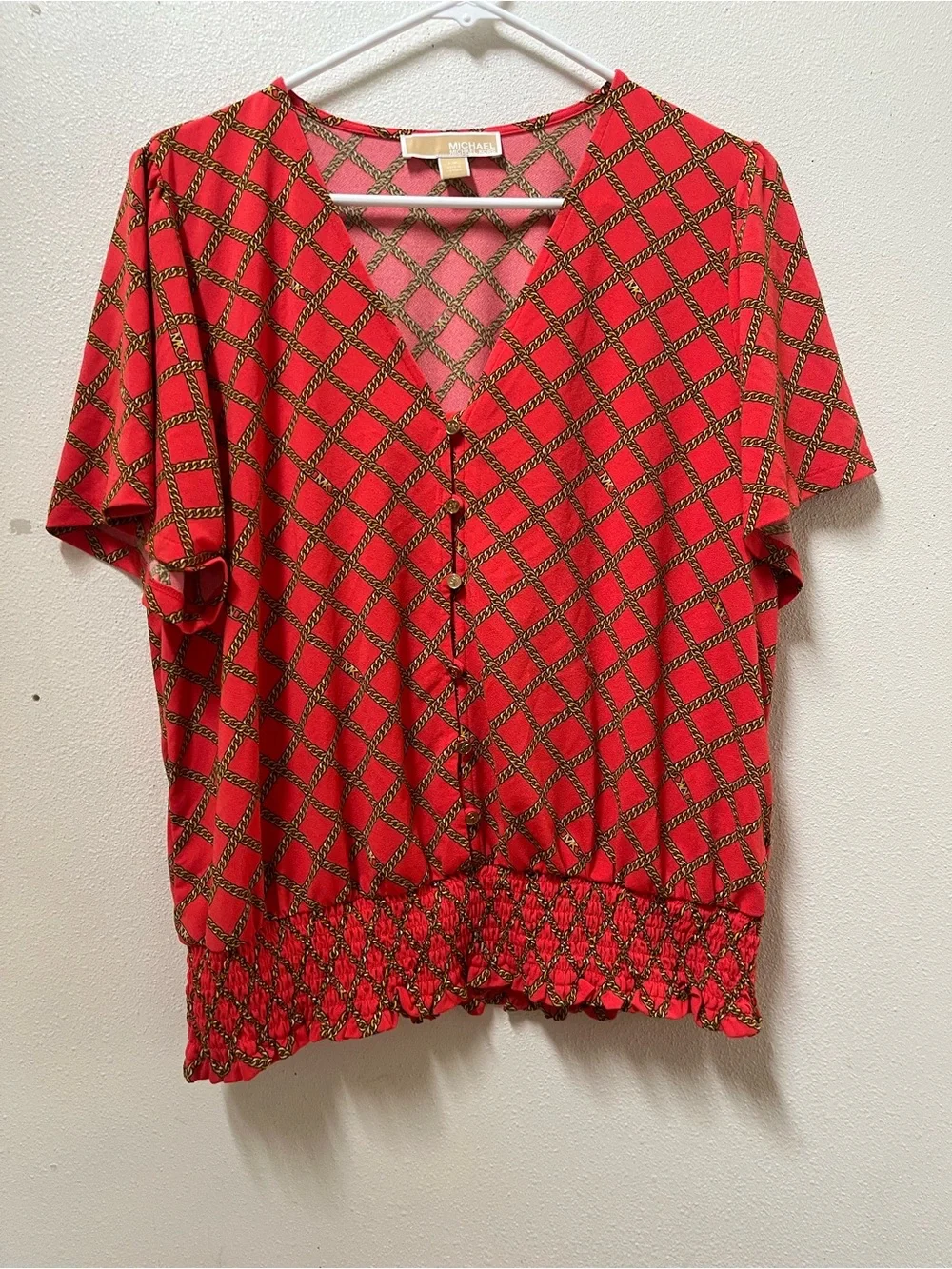 Michael Kors Red Diamond-Print V-Neck Button Top